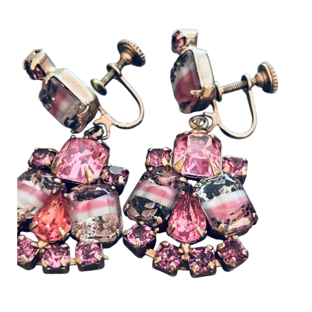 Vintage Pink Candy Striped ART Glass Cluster Screw Back Drop Earrings